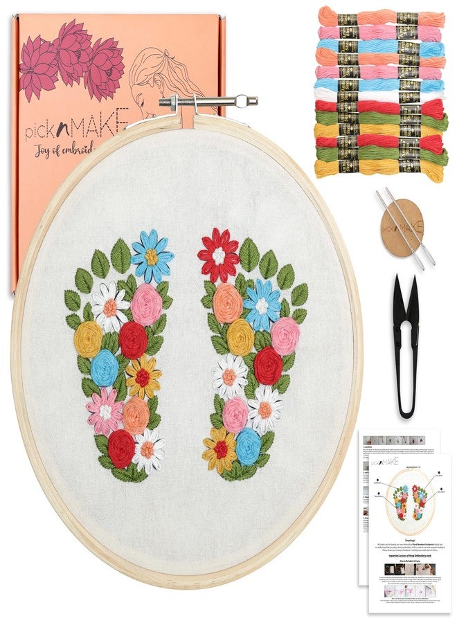 picknMAKE Floral Newborn Footprints DIY Hand Embroidery Kit for Beginners & Adults | 8 Inch Hoop | Handmade Craft Gift for New Moms, Moms-to-Be & Baby Welcome Décor - Image 1